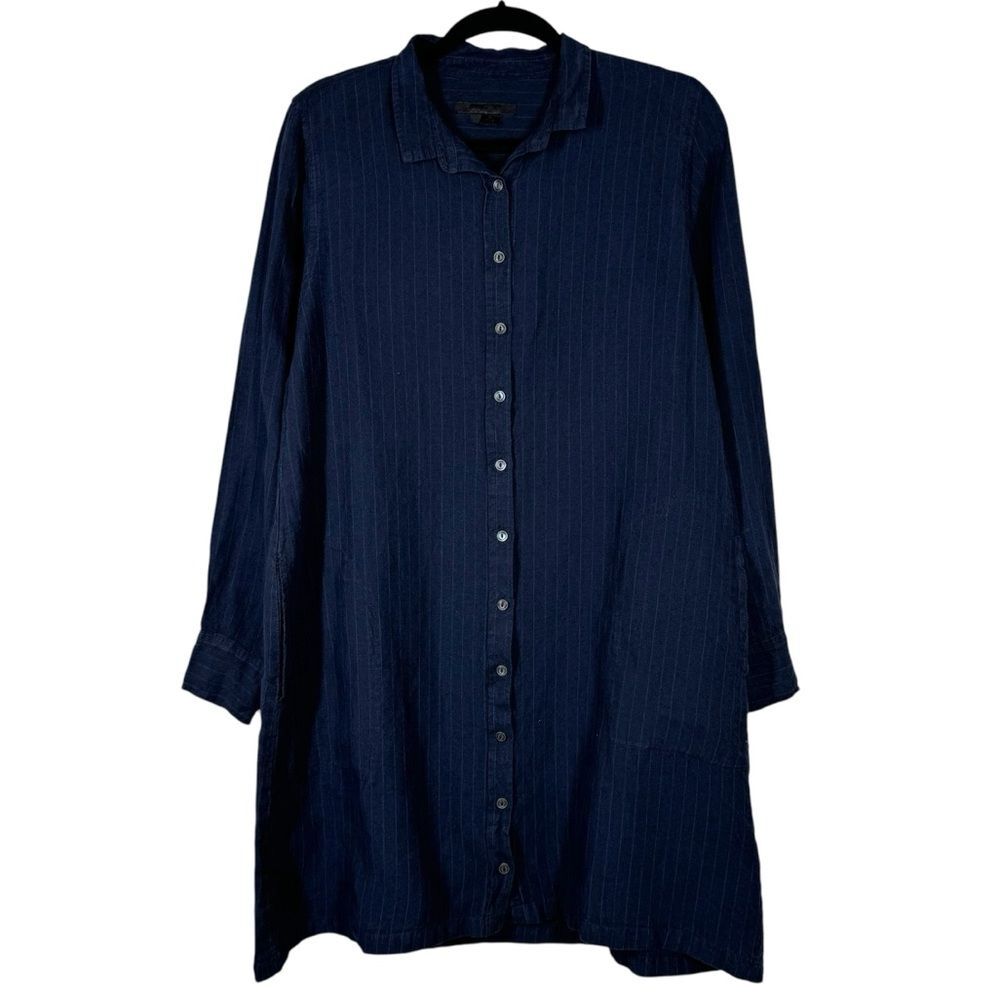 Artemesia 100% Linen Long Sleeve Shirt Dress Button Front Pin Stripe Size Medium